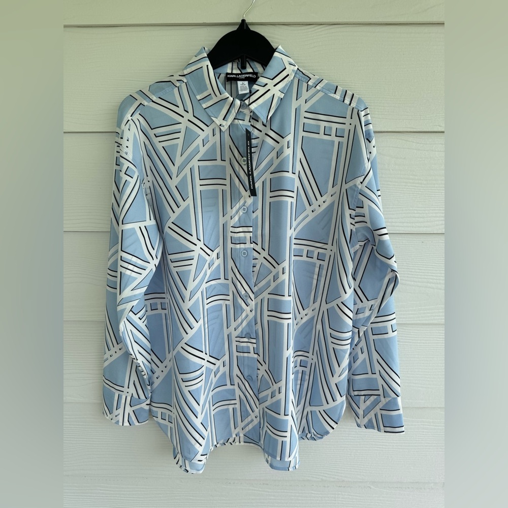 NWT Karl Lagerfeld Graphic Geo Print Light Blue Button Shirt Size S